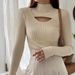 Women's Clothing Neck Sweater Fall Winter Hollow Knit Top Elegant Layering Stretch Slim Fit Pullover (Beige, Wine Red, Black, Coffee, White)_ecoleips.com