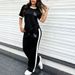 Summer Fashion Women's LA Logo Color Block round Neck Short Sleeve Loose Casual Wide Leg Pants Two Piece Set_ecoleips.com