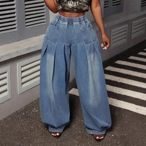 Retro Washed Blue Wide Leg Jeans High Waisted Elastic Plus Size Lantern Jeans Style Design Pleated_ecoleips.com