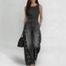 Women's High-Waisted Loose-Fitting Metallic Eyelet Design Hollowed out Denim Jumpsuit European American Street Style_ecoleips.com