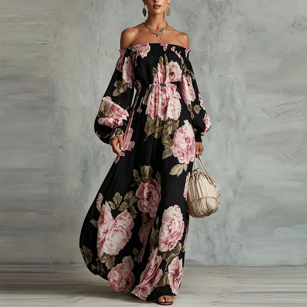 Elegant Floral Print Off-Shoulder Dress With Lantern Sleeves For Women, A-Line Long Maxi Dress For Casual Outings_ecoleips.com