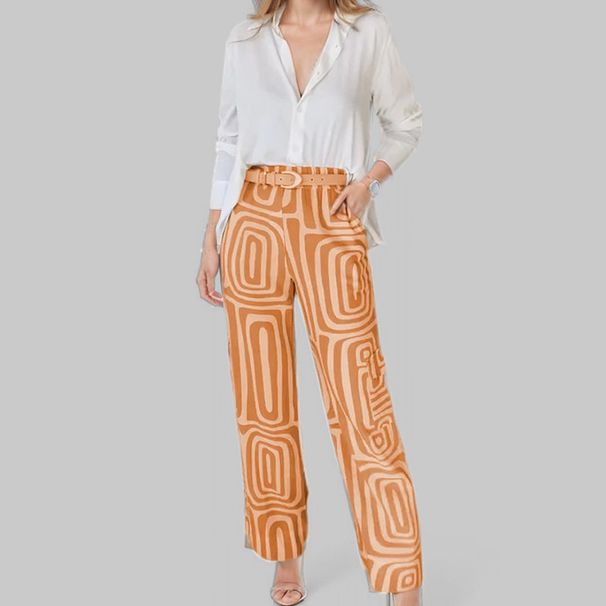 Women's Elegant Geometric Print Pants Set – Wrinkle-Free Polyester Office Wear, Long Sleeve Blouse & Trousers_ecoleips.com