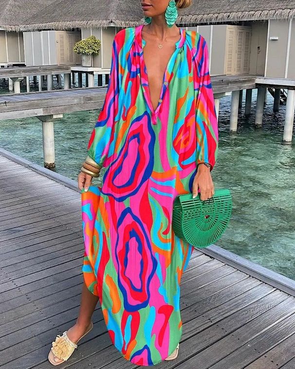 Women's 2023 Spring V Neck Loose Long Sleeve Printed Dress_ecoleips.com