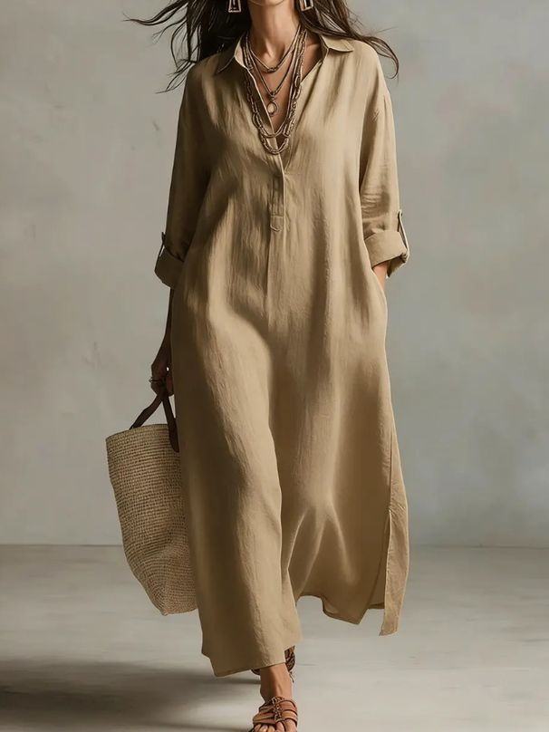 Women's Solid Color Lapel Long Sleeve Shirt Dress Cotton Linen Spring/Summer Lazy Style Fashion_ecoleips.com