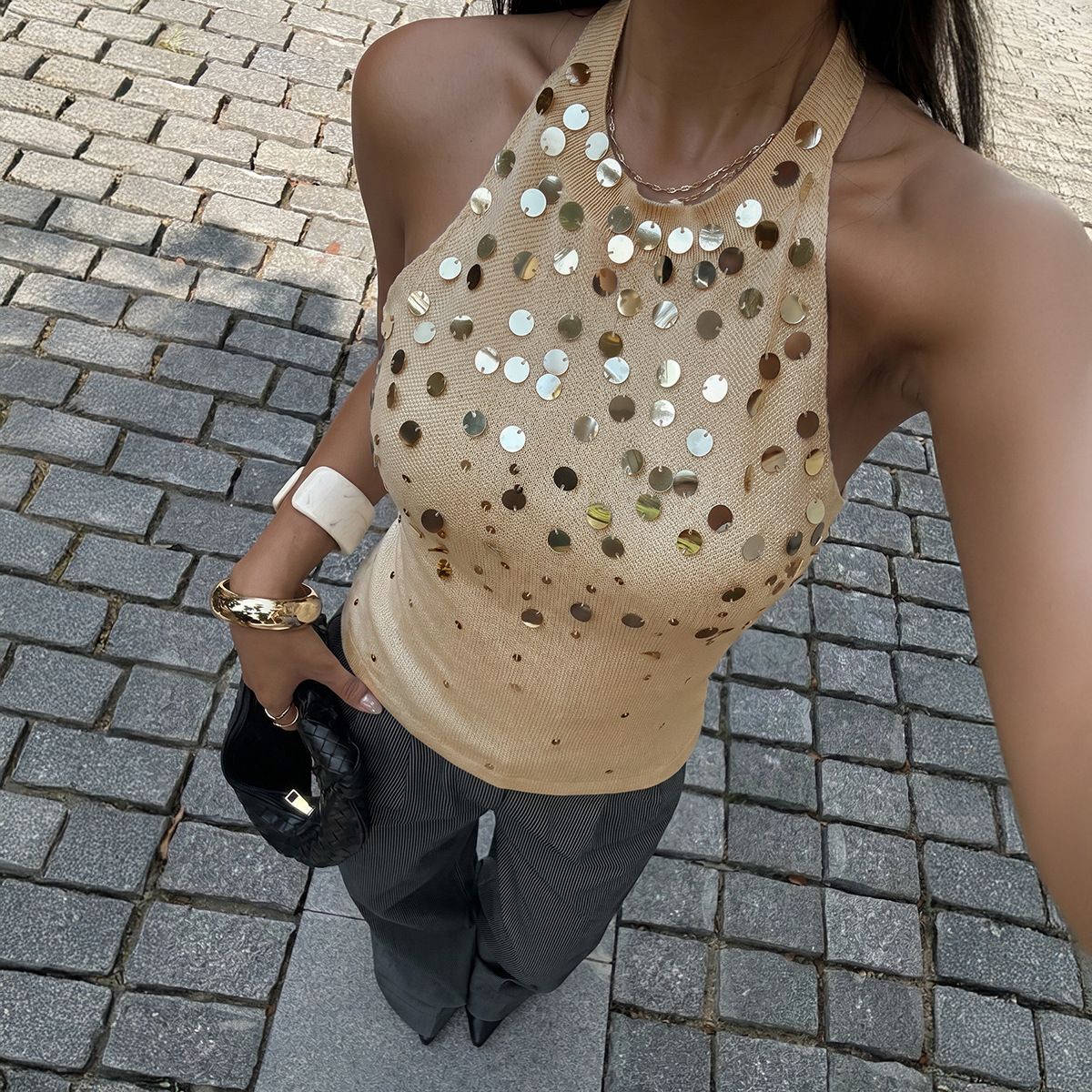 Women's High Neck Sleeveless Sequined Camisole Short Length Vacation Style Spring Summer Top_ecoleips.com