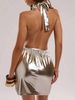 Women Gold Halter Dress Deep V Neck Shiny Metallic Fabric Twist Front Bodycon Mini Sexy Evening Party Club Date_ecoleips.com