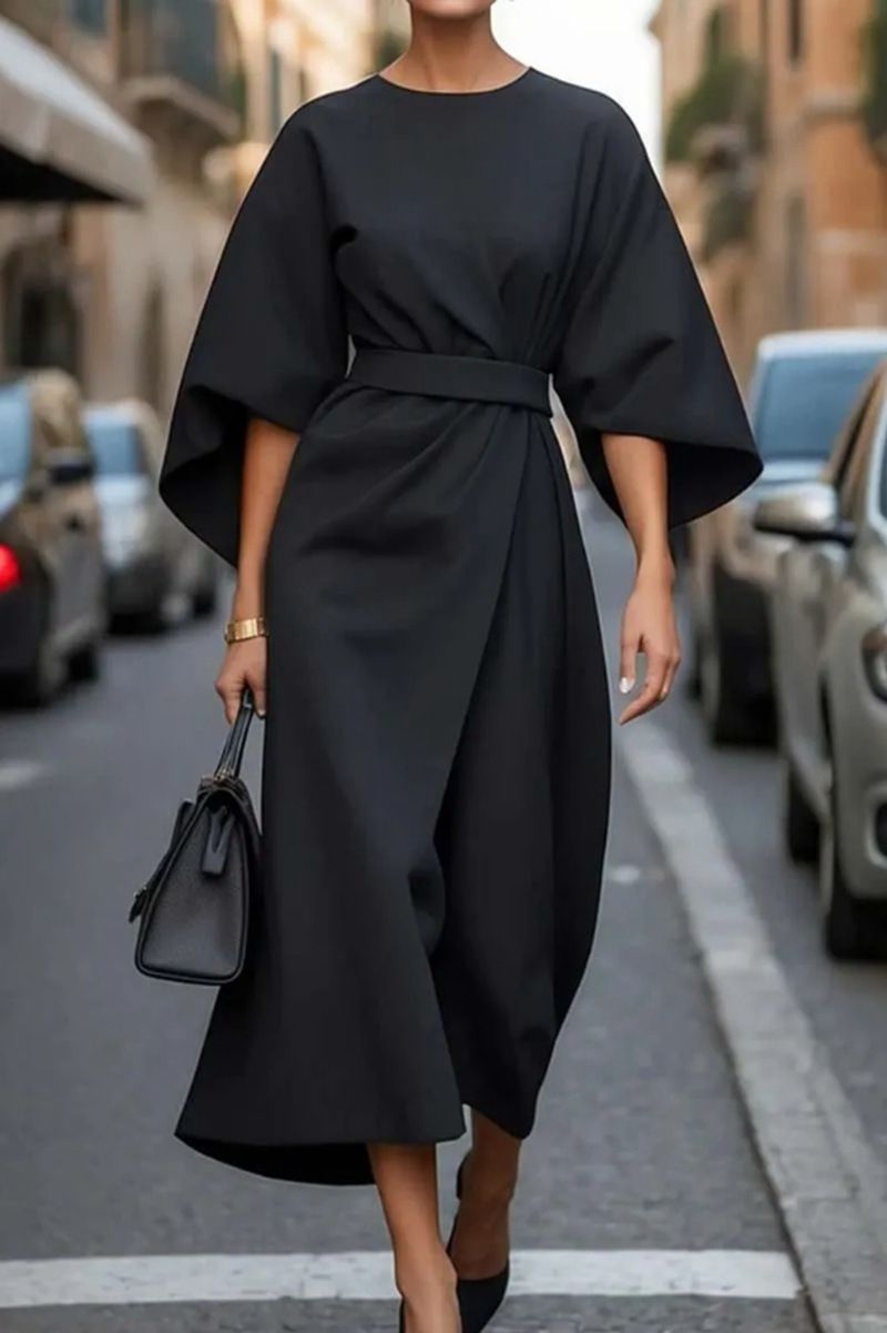 Women's Clothing Fashion Temperament Elegant Solid Color Waist Dress Casual Bat Sleeve Long Dress_ecoleips.com