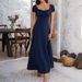 Voya Women's European And American Foreign Trade 2025 Spring Summer Elegant Solid Color Tie Pleated Puff Sleeve French Dress_ecoleips.com