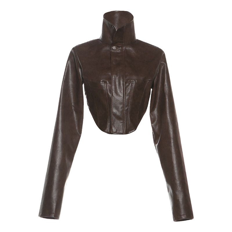 Women's Slim-Fit PU Leather Jacket – High Neck Zip-Up Biker Style (Faux Leather Cropped Coat For Fall/Winter)_ecoleips.com