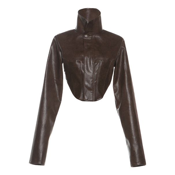 Women's Slim-Fit PU Leather Jacket – High Neck Zip-Up Biker Style (Faux Leather Cropped Coat For Fall/Winter)_ecoleips.com
