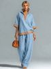European And American Fashion Women's Casual Color Block Set with Half Zip Linen Top And Straight Leg Pants_ecoleips.com