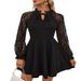 Lace Tie-Detail Dress – Elegant High Waist Flare Midi Dress With Lantern Sleeves (Black) Weightless Knit Fabric_ecoleips.com