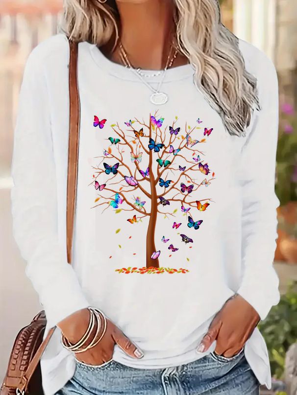 Long Sleeve T-Shirt Butterfly Tree Print Harajuku Shirt Funny Gothic T Shirt Women's Casual Print Crew Neck Top Tee Tshirt_ecoleips.com