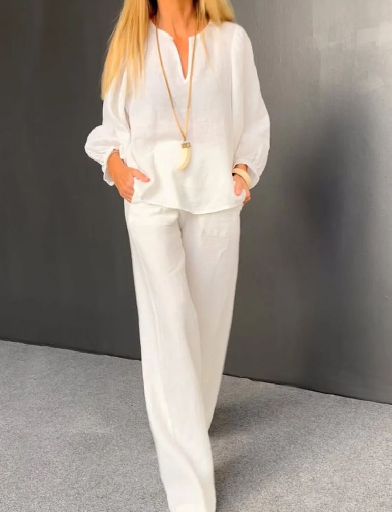 Women's Linen-Blend V-Neck Top & Straight Pants Set – Relaxed Two-Piece Outfit For Casual & Work (7 Colors, S-3XL)_ecoleips.com