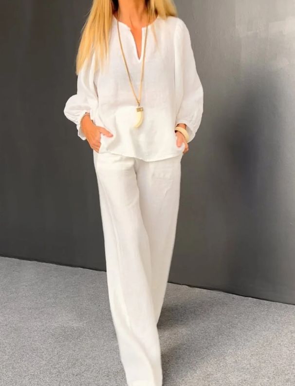 Women's Linen-Blend V-Neck Top & Straight Pants Set – Relaxed Two-Piece Outfit For Casual & Work (7 Colors, S-3XL)_ecoleips.com