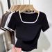 Short-sleeved T-shirt Women's Summer New Casual Square Collar Contrasting Color Fashion Bottoming Shirt_ecoleips.com