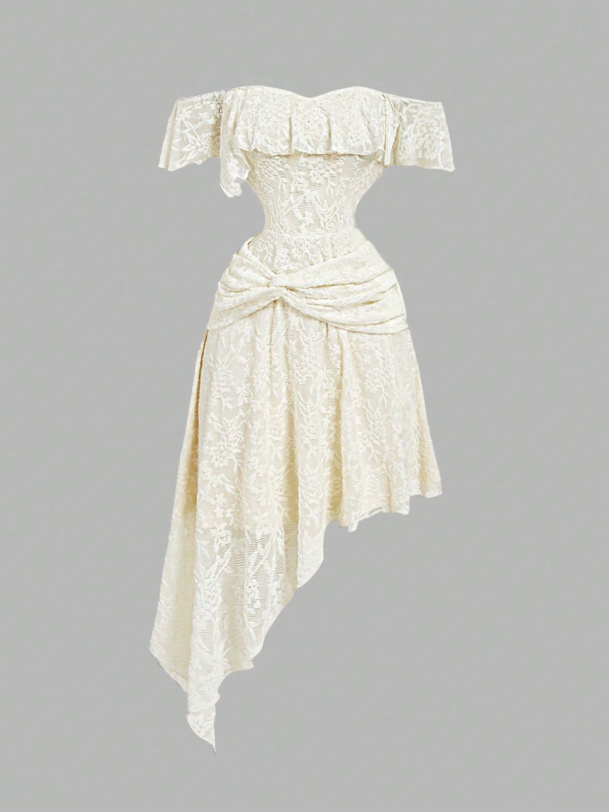 Elegant Lace Off-Shoulder Midi Dress for Women A-Line Asymmetrical Hem Cocktail Party Dress_ecoleips.com
