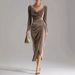 2026 European American Women's Casual Gold Velvet Sexy New Long-sleeve Slim-fit Ruched Long Dress With Slit And Bodycon_ecoleips.com