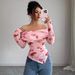 Women's Off-the-Shoulder Slim Fit Ruffled Hem Irregular Print Top Spring New Style Versatile European American_ecoleips.com