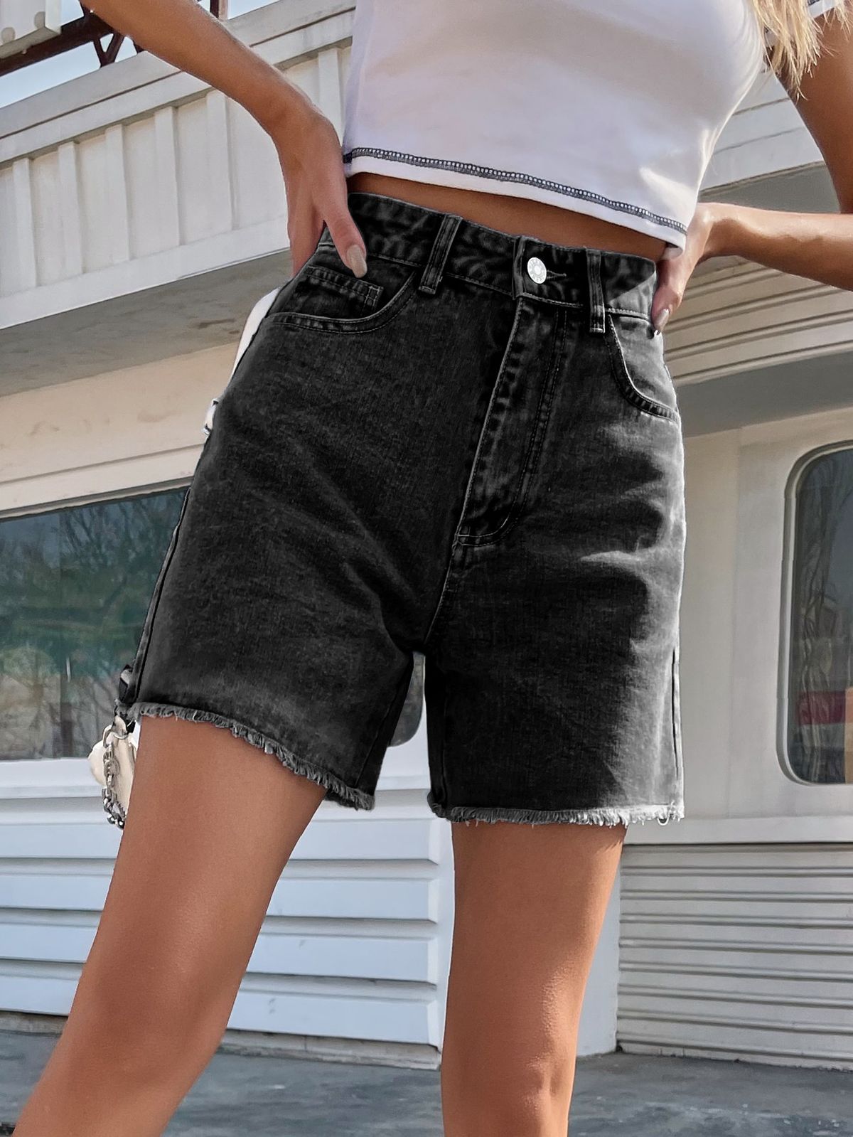 Aria Basics Aria Basics 40-In Stock-30760#Trendy Loose Casual High-Waisted Slimming Women's Denim Shorts_ecoleips.com