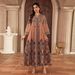Muslim Abaya Dress With Chiffon & Rhinestones – Long Sleeve Modest Islamic Dress For Women, Ethnic Tribal Print, Casual & Elegant (Brown/Grey/Green)_ecoleips.com