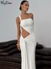 Hugcitar Women'S Fashion Sexy One Shoulder Strap Ruched Hollow Out Solid Maxi Dress Summer Casual Clothes Festival Party Club_ecoleips.com