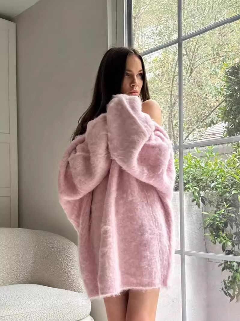 Elegant Backless Knit Sweater For Women - Soft Long Sleeve Loungewear In White & Pink | Comfortable Polyester Fabric | Sweet & Feminine Style_ecoleips.com