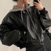 Chic Autumn Winter Niche Zipper Double Pocket Casual Loose Versatile Hooded Leather Jacket_ecoleips.com