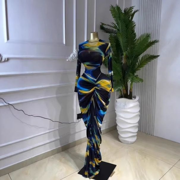 Spring/Summer Maxi Dress European American Style Printed Long Sleeves Hollow out Mesh Pleated Sexy Vacation Women's Clothing_ecoleips.com