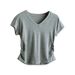 High Quality V-neck Front Shoulder Short-sleeved T-shirt Women's Slim-fit Design Bottoming Shirt Pleated Curved Hem Top_ecoleips.com