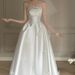 Elegant French Satin A-Line Wedding Dress With Detachable Bow & Train For Bride, Modest Chapel Length Gown_ecoleips.com