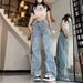 Women's High-Waisted Denim Jeans Embroidered Five-Pointed Star Appliqué Loose Wide Leg Straight Floor-Length Spring/Summer Trendy Floor Length Pants_ecoleips.com