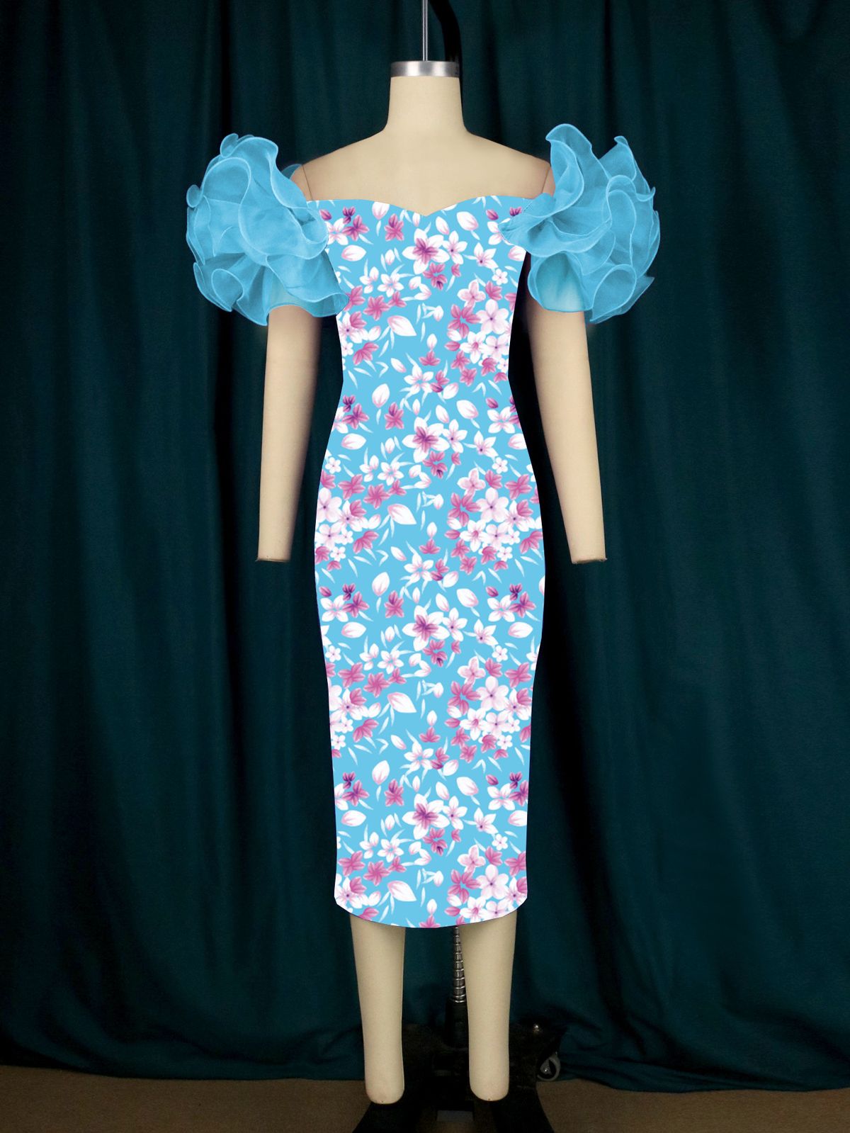 Women's Clothing Mesh Sleeves Stitching Printed Hip Skirt Mid Length Skirt Party Evening Dress_ecoleips.com