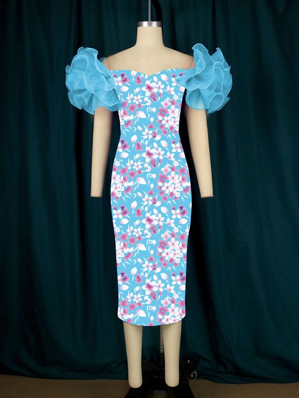 Women's Clothing Mesh Sleeves Stitching Printed Hip Skirt Mid Length Skirt Party Evening Dress_ecoleips.com