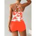 Tankini Two Piece Swimsuit For Women Conservative Shorts Coconut Tree Print Drawstring European American Style Bikini Set_ecoleips.com