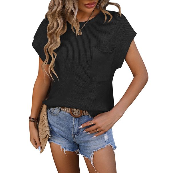 Women's Round Neck Short Sleeve Sweater With Pocket American Style Fashion Top For Ladies_ecoleips.com