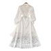 Elegant Women's Slimming Evening Dress High-End Heavy Duty Hollowed Out Crochet Flower Waist Cinching Lantern Sleeves New Style 2025_ecoleips.com