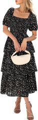 Women's Square Neck Long Dress Chiffon Waist Cinching Floral Print Cake Style Fashion Short Sleeve_ecoleips.com