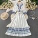Women's Retro Style Geometric Embroidered Dress Tie Neck Three Quarter Sleeve Slim Fitting Elegant Knee Length Summer Skirt_ecoleips.com