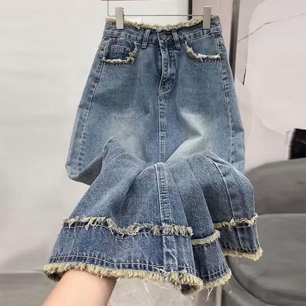 Women's High-Waisted Straight Denim Skirt with Frayed Edges Trendy Pear Shaped A-Line Bodycon Midi Skirt in Black Or Grey_ecoleips.com