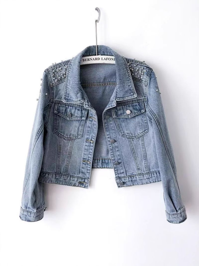 "Vintage Beaded Denim Jacket For Women – Heavy Washed Cropped & Loose Fit (Black/Light Blue)"_ecoleips.com