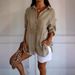 Women's Single Breasted Pleated Collar Shirt Solid Color Roll up Sleeve Top European American Popular Style for Ladies_ecoleips.com