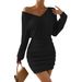 Ribbed Velvet Bodycon Dress – V-Neck Long Sleeve Wrap Waist Mini Dress In Black & Beige_ecoleips.com