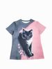 Two-Tone Women's Tee - Black & White Cat With Pink Eyes Graphic, Cute Paw Print Print Design For Casual Daily Wear_ecoleips.com