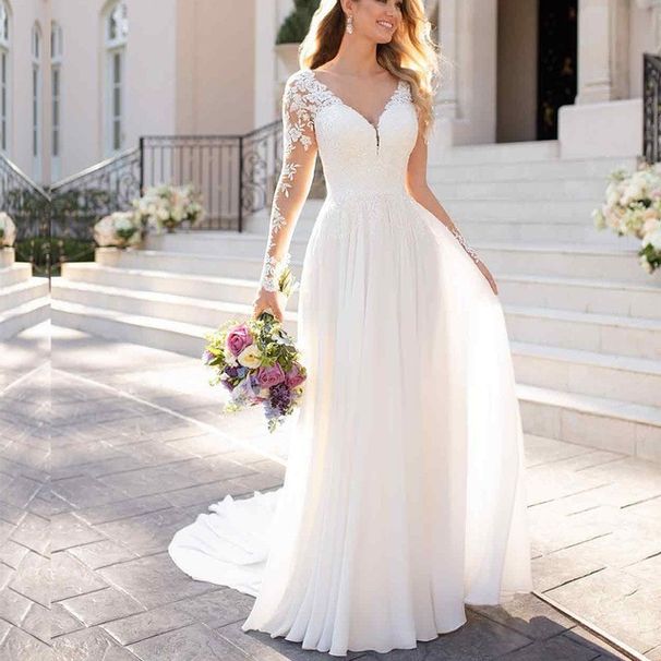 Elegant Deep V-Neck Backless Wedding Dress With Train | Lace Applique Long Sleeve Bridal Gown For Bride, Party, Stage | Sizes US2-26W (Ivory/White)_ecoleips.com