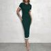 Ruffle Color Blocked Short Sleeved Knitted Dress Summer O-neck Wrap Hip Commuting Dress Casual Pit Stripe Women's Long Dresses_ecoleips.com
