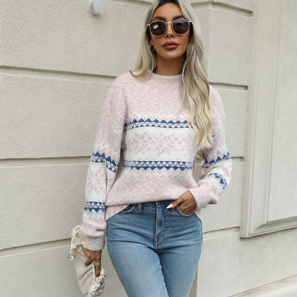 Christmas Snowflake Knit Sweater – Oversized Chenille Pullover With Contrast Trim (S/M/L/XL, Polyester Blend, Semi-Turtleneck, Workwear & Casual)_ecoleips.com