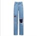 's New Blue Cotton Jeans For Women With Butterfly Print, Washed And Distressed, High-waisted Wide-leg Pants_ecoleips.com