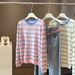 Korean Contrasting Striped Long-sleeved T-shirt Women's Summer 2026 New Fashion Loose Casual Versatile Thin Knitted Top_ecoleips.com