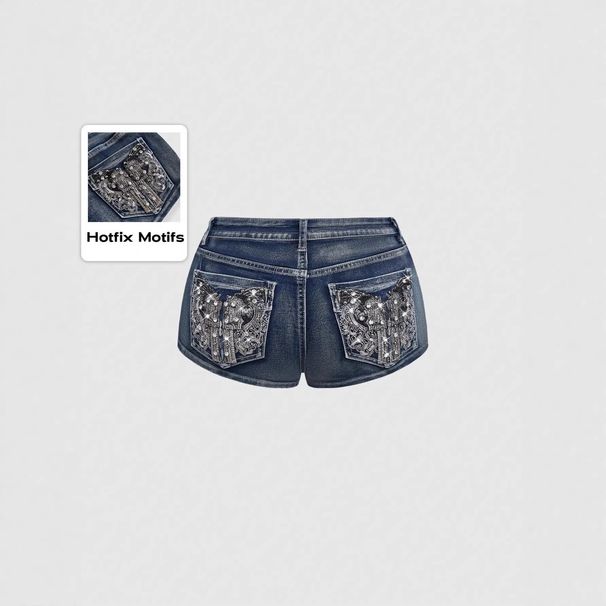 Heavy-duty Rhinestone Embroidery Vintage Denim Shorts Women, High-waisted Hot Pants Trendy Girls, Available For_ecoleips.com